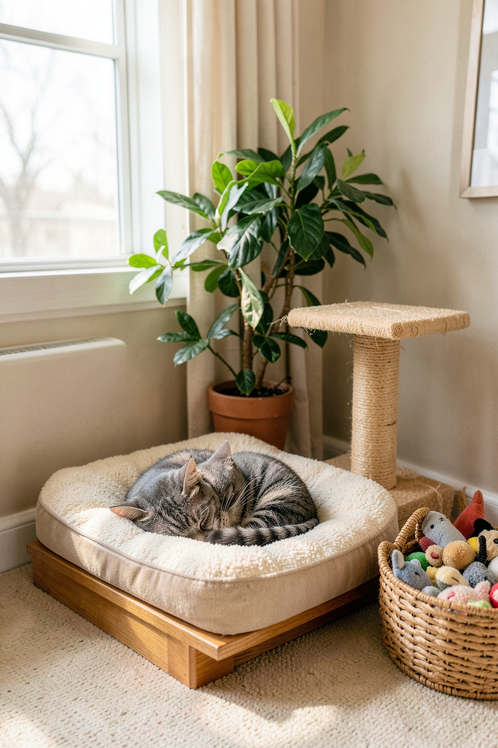 Gray tabby cat asleep on a raised cushioned bed in a sunny corner, with a scratching post, a plant and a basket of toys