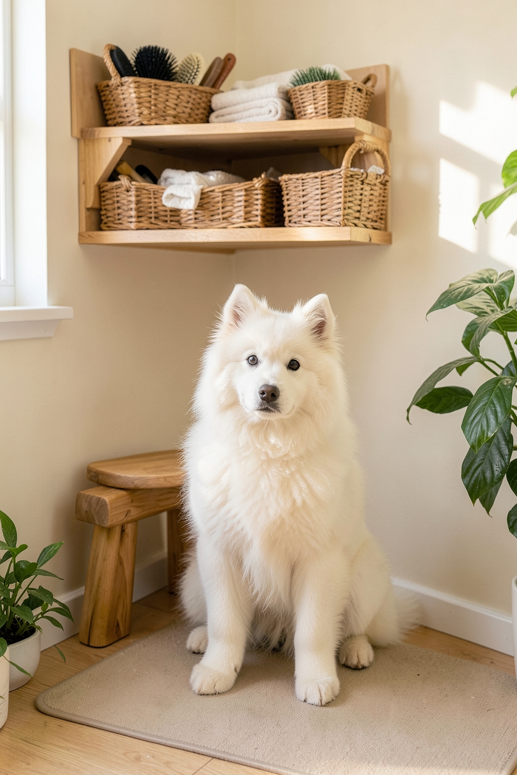 Small grooming corner with baskets of brushes and towels on a wall shelf, a step stool and a fluffy white dog sitting on a mat