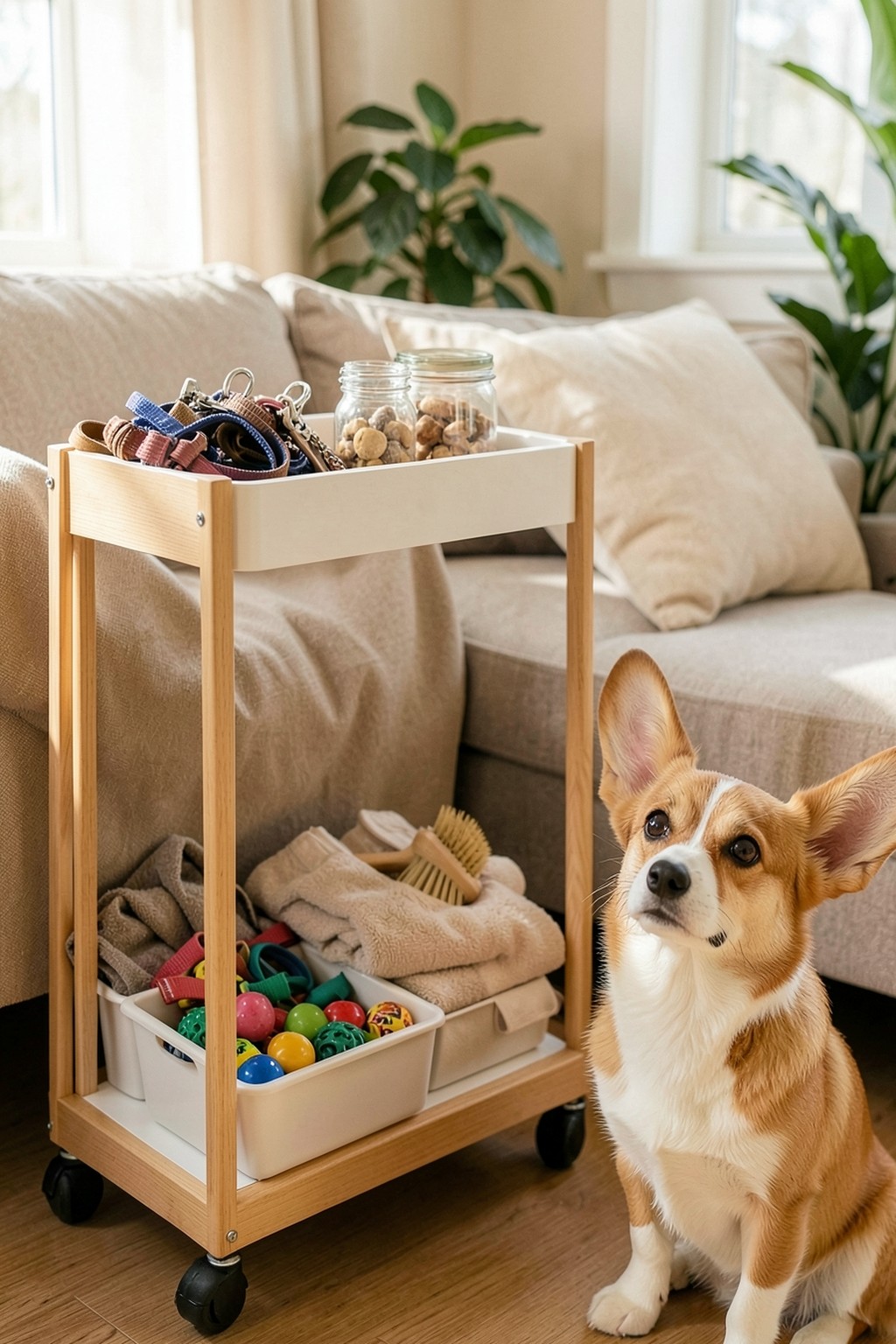 Light wood rolling cart next to a sofa holding leashes, a treat jar, folded towels, a brush and a bin of toys, with a corgi sitting beside it