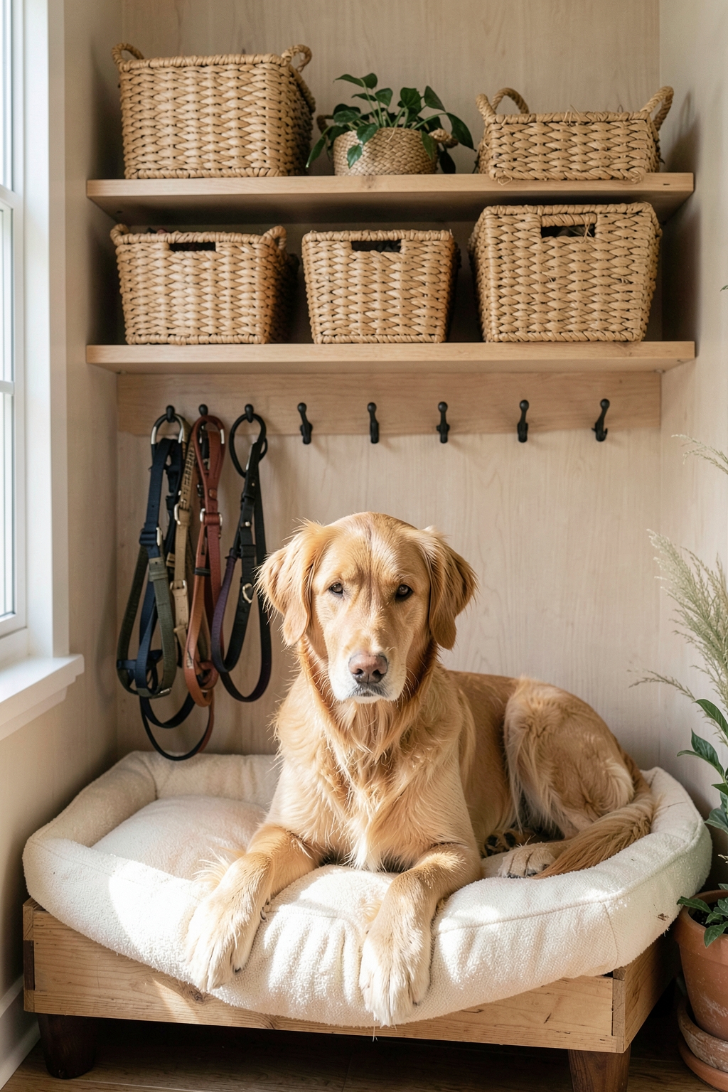 Entryway nook with woven baskets on two wall shelves, leashes on a row of hooks and a golden retriever on a dog bed below