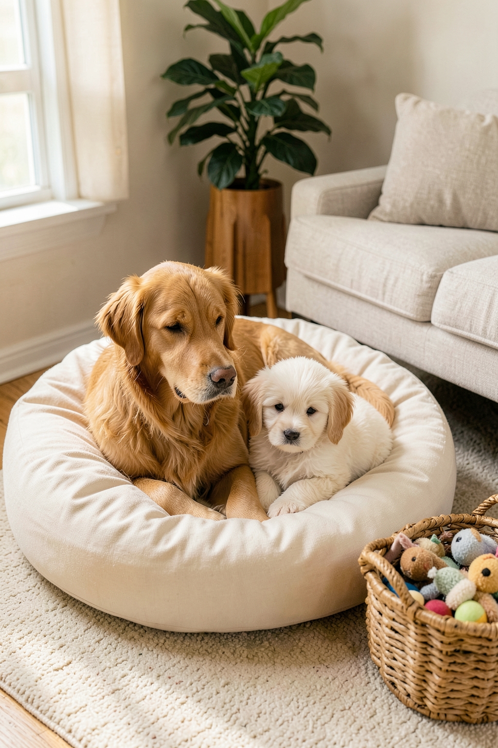 A golden retriever and a cream puppy resting together in a large round dog bed next to a sofa, with a basket of toys beside it