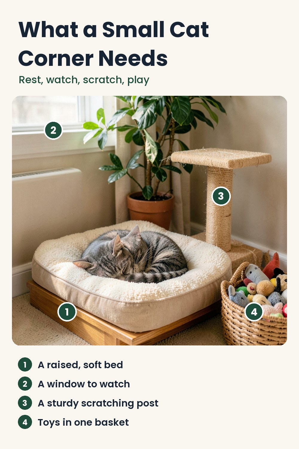Diagram of a small cat corner with numbered parts: a raised soft bed, a window to watch, a sturdy scratching post and a basket of toys