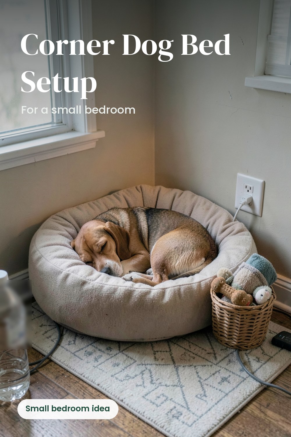 Round bolster dog bed tucked into the corner of a small bedroom with a toy basket beside it