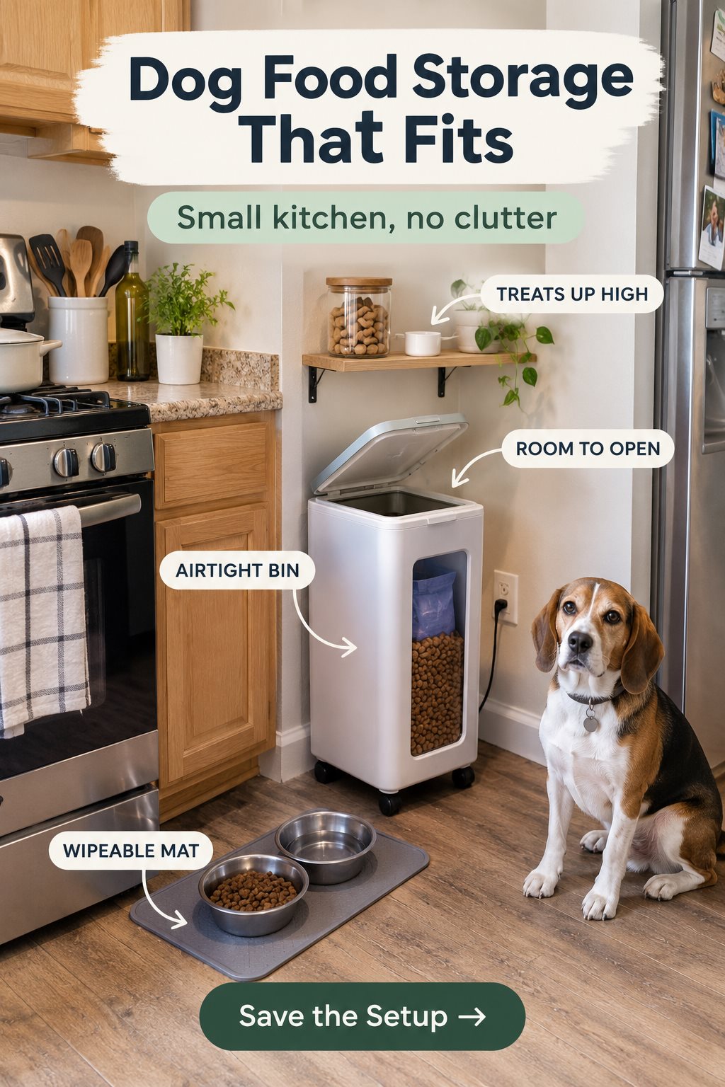 Small kitchen corner with an airtight dog food bin beside the counter, treats on a shelf above and bowls on a silicone mat