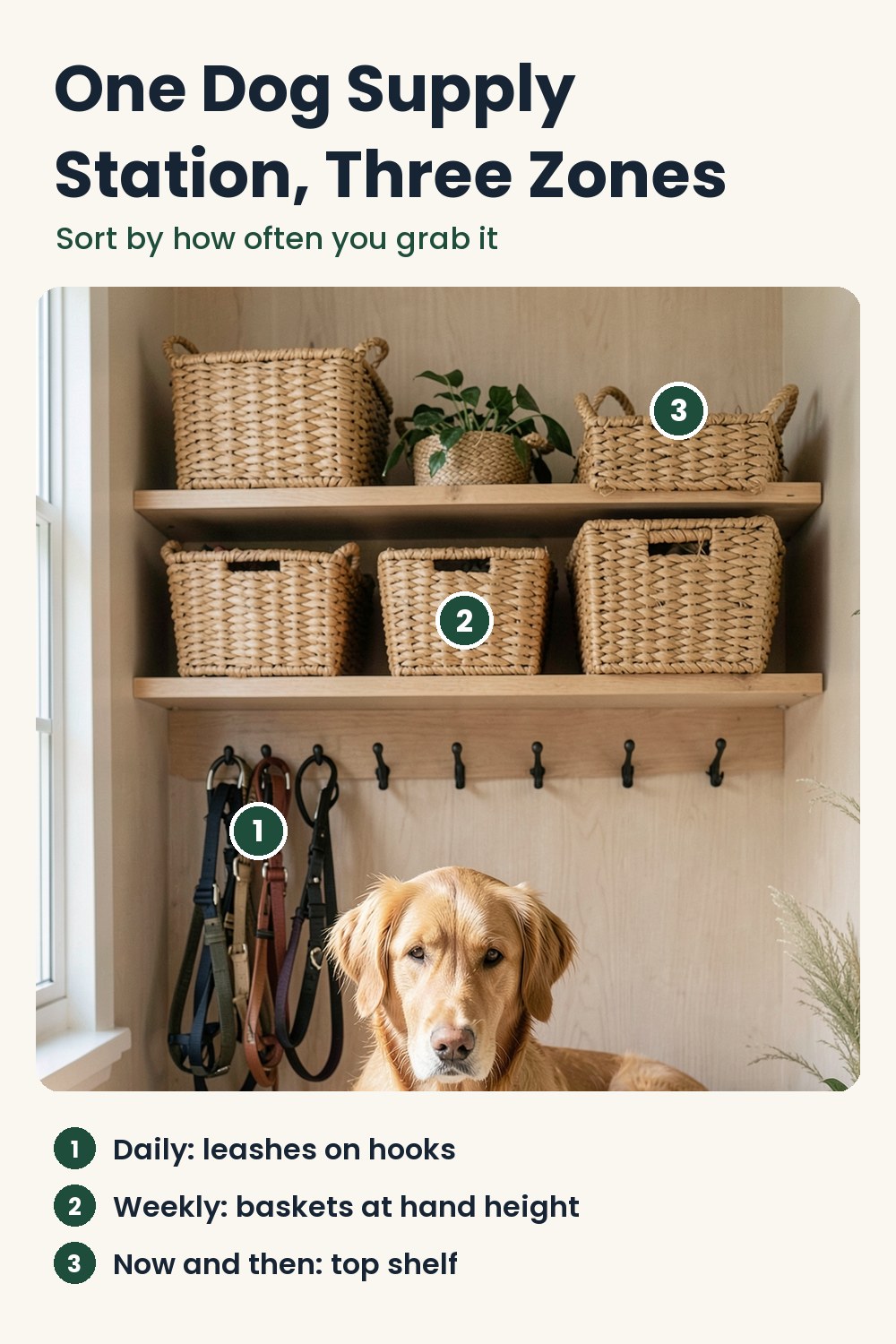 Diagram of a dog supply station: leashes on hooks for daily use, baskets at hand height for weekly items, top shelf for things used now and then