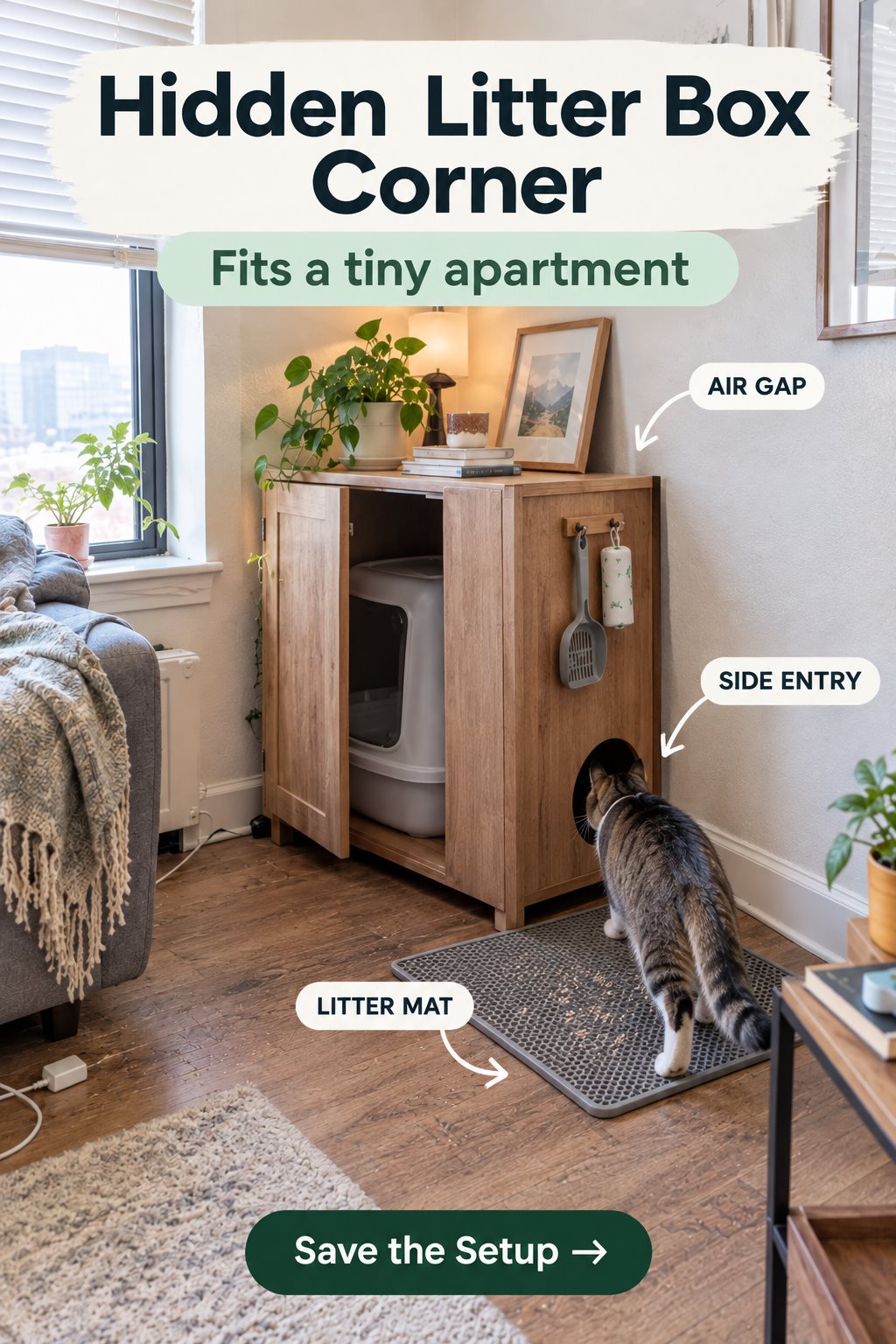 Wooden cabinet hiding a litter box with a side entry, a litter mat in front and a scoop hanging on the side